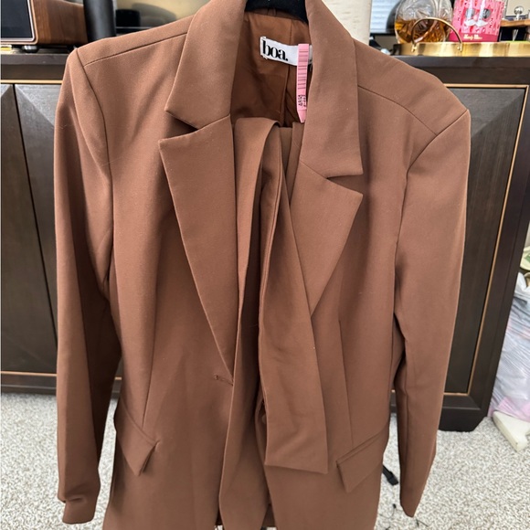Brown-Medium CLASSIC BLAZER WITH BELT WIDE LEG SUIT TROUSERS. - Picture 3 of 4